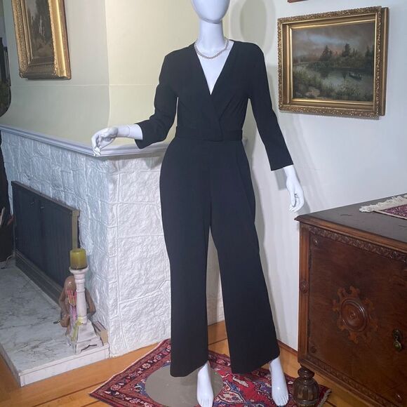 Halston Jumpsuit Black Wide Leg Long Sleeves - Picture 2 of 9
